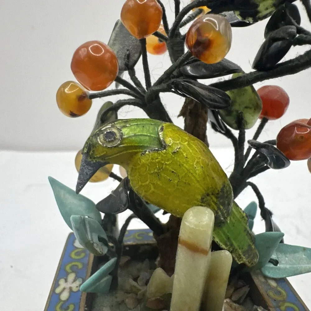 Pair of Antique 20th c. Chinese Parrot, Turquoise Agate Flower Bonsai Tree